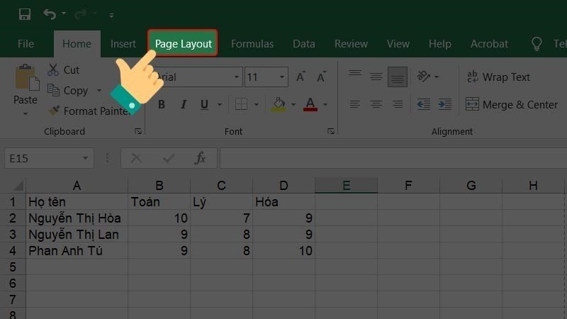 Chọn thẻ Page Layout trong Excel để điều chỉnh in ấn