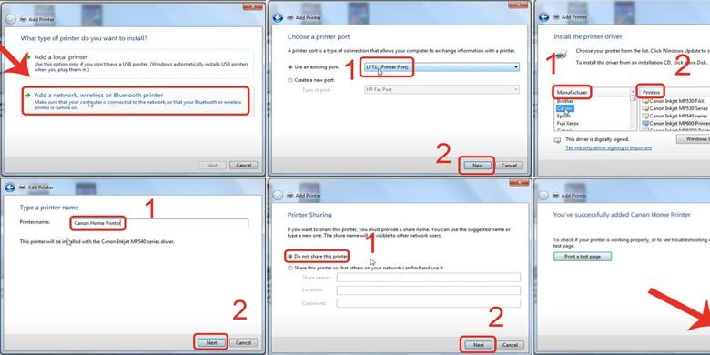 Chọn hãng Canon và model máy in khi cài đặt trên Windows 7