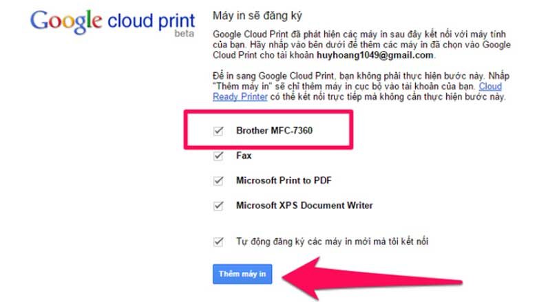 Danh sách máy in được tìm thấy bởi Cloud Print trên Android