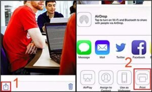 Giao diện chọn ảnh và nhấn nút chia sẻ để in từ iPhone