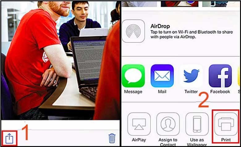 Giao diện chọn ảnh và nhấn nút chia sẻ để in từ iPhone
