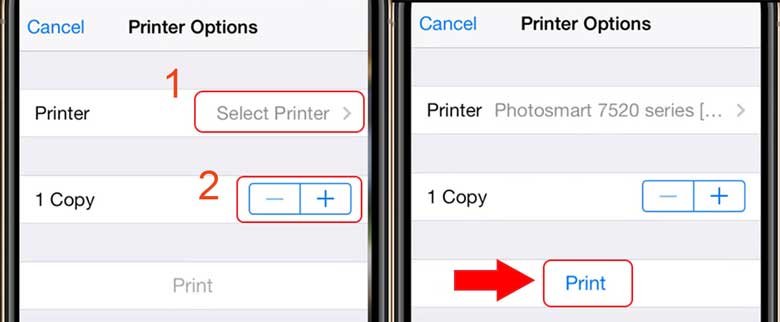 Lựa chọn máy in và số lượng bản in trên iPhone trước khi xác nhận in