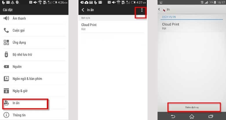 Giao diện cài đặt in ấn trên điện thoại Android