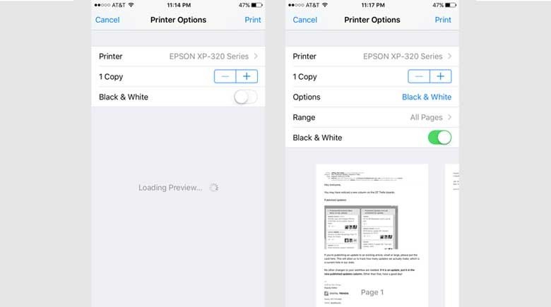 Tùy chọn máy in và thiết lập in trên iPhone AirPrint