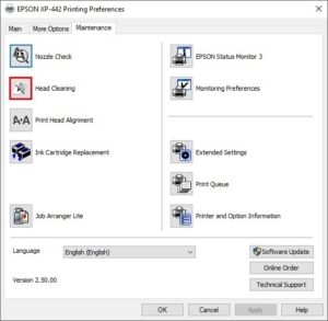 Cửa sổ tiện ích clean đầu phun máy in Epson trên máy tính