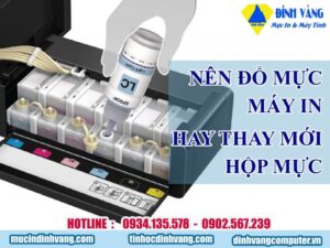 Hộp mực máy in và máy in minh họa câu hỏi có nên đổ mực máy in