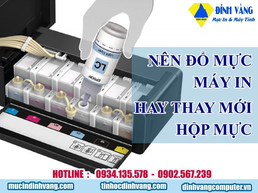 Hộp mực máy in và máy in minh họa câu hỏi có nên đổ mực máy in