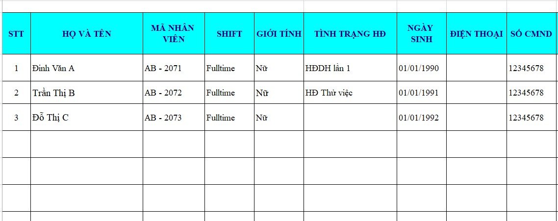 Bảng dữ liệu nhân viên dùng cho trộn thư Mail Merge