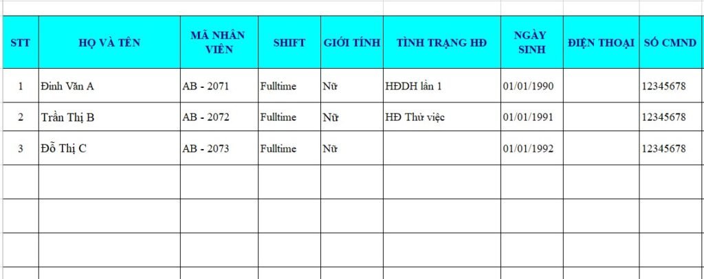 Bảng dữ liệu nhân viên dùng cho trộn thư Mail Merge