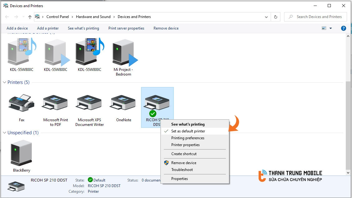 Đặt máy in Ricoh làm máy in mặc định trên Windows 10
