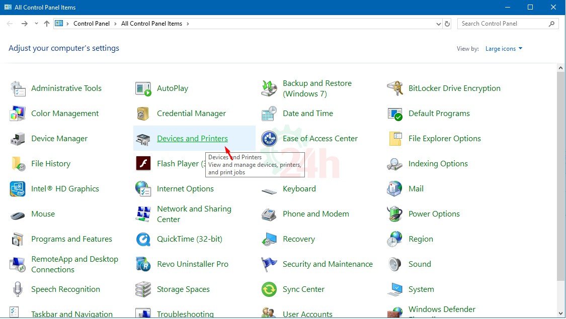 alt="Cửa sổ Devices and Printers hiển thị danh sách máy in đã cài đặt bao gồm HP M402DN"