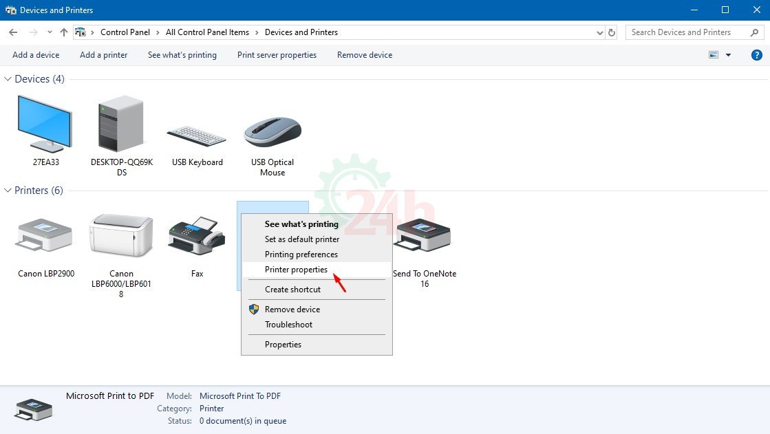 alt="Chọn Printer Properties cho máy in HP LaserJet Pro M402DN để chỉnh đậm nhạt"