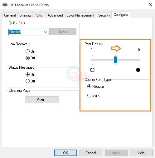 alt="Cấu hình Print Density cho HP M402DN trong Printer Properties trên máy tính"
