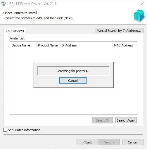 Công cụ cài đặt đang tìm kiếm máy in Canon LBP6030w