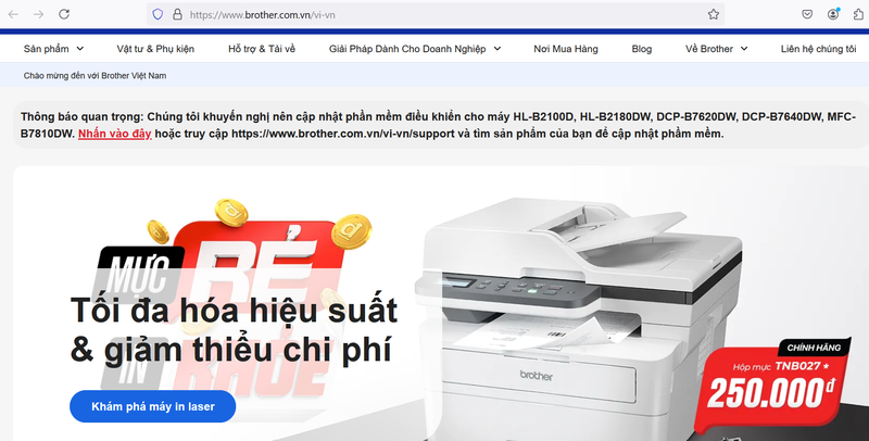 Giao diện trang chủ Brother Việt Nam để tìm và tải driver máy in