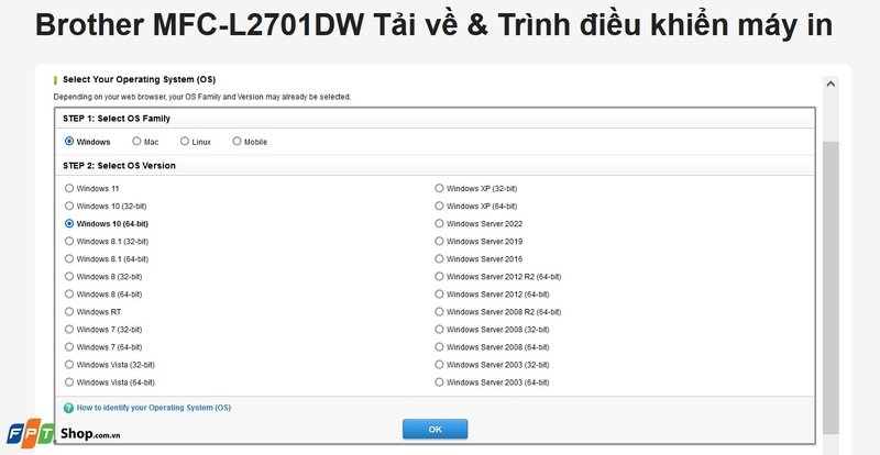 Lựa chọn phiên bản hệ điều hành và gói driver đầy đủ cho Brother MFC L2701DW
