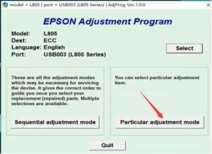 Giao diện phần mềm Epson Adjustment Program với tùy chọn Particular adjustment mode được chọn