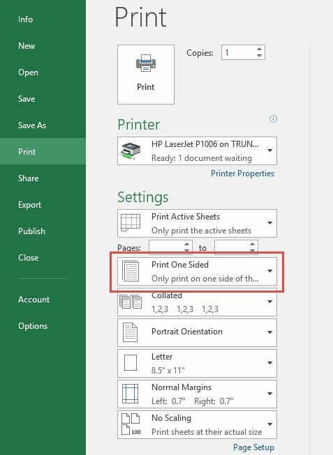 Cài đặt Print on Both Sides trong Excel cho cách in 1 tờ 2 mặt tự động