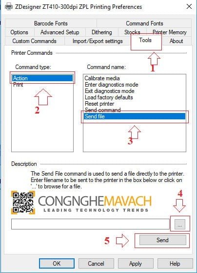 Giao diện Printing Preferences của máy in Zebra hiển thị tab Tools để thực hiện các tác vụ nâng cao