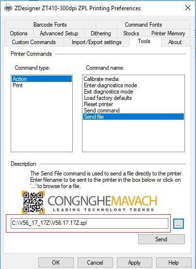 Cửa sổ Send File to Printer trong cài đặt máy in Zebra, cho phép người dùng chọn và gửi file firmware đến máy in