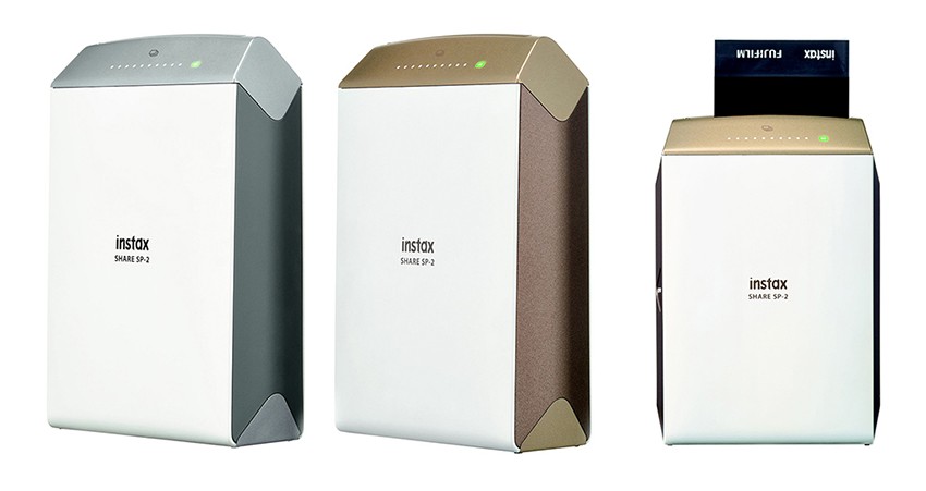 Thiết kế góc cạnh của máy in ảnh Instax Share SP-2 màu vàng gold và bạc