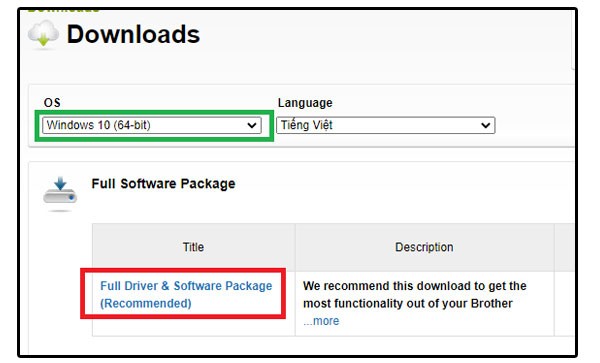 Lựa chọn gói Full Software Package khi tải driver cho Brother HL-L2366DW