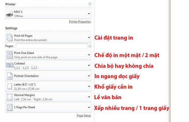 Hộp thoại Settings trong Excel hiển thị các tùy chọn cài đặt trang in màu như số trang, vùng in