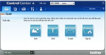 Giao diện ControlCenter4 với các tùy chọn quét như Tập tin, Email, Hình ảnh, OCR