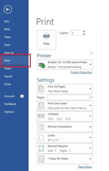 Giao diện menu File và tùy chọn Print trong Word