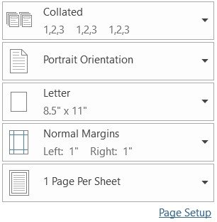 Tùy chọn định hướng trang in và khổ giấy trong cài đặt Print của Word