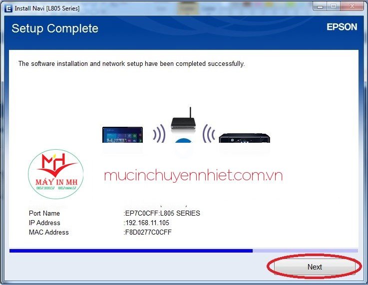 Hoàn tất thiết lập WiFi cho Epson L805 hiển thị thông tin kết nối