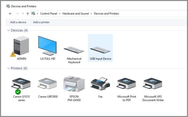 Chọn máy in Canon G1010 làm máy in mặc định trong cài đặt Devices and Printers