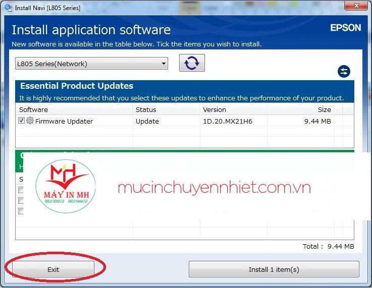 Thoát hoặc cài đặt phần mềm ứng dụng bổ sung cho Epson L805