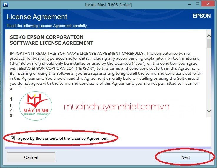 Giao diện chấp thuận điều khoản cài đặt driver Epson L805