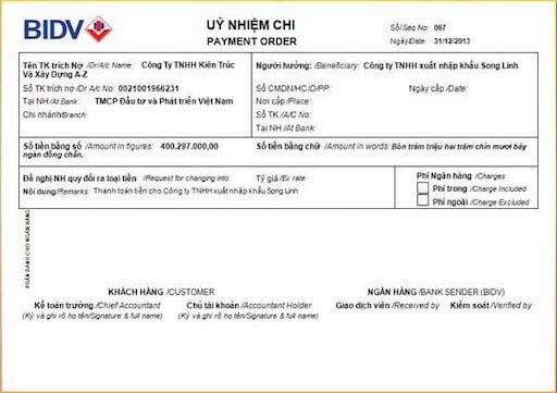 Mẫu lệnh chi ngân hàng BIDV với cấu trúc tương tự Vietcombank