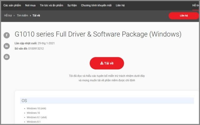 Trang tải driver chính thức của Canon cho máy in G1010 hiển thị các hệ điều hành tương thích