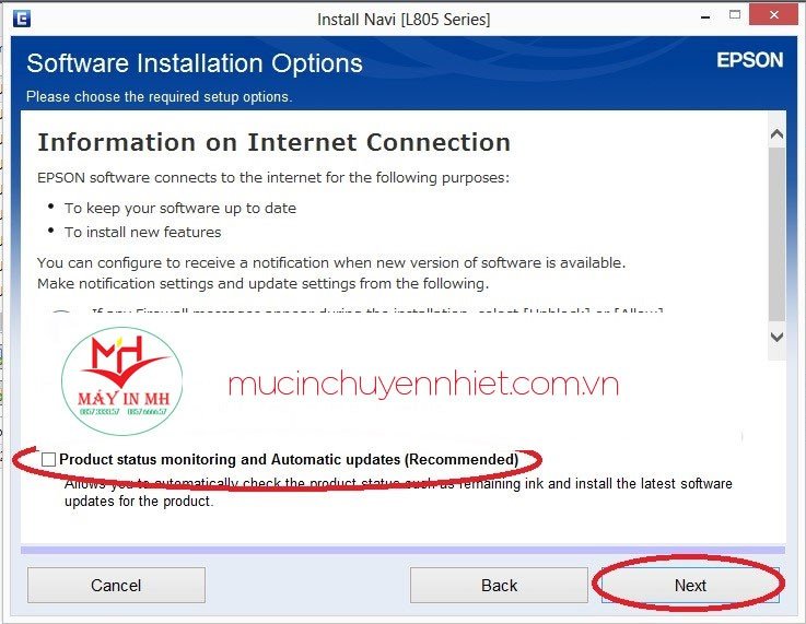 Tùy chọn cài đặt phần mềm giám sát và cập nhật tự động cho Epson L805