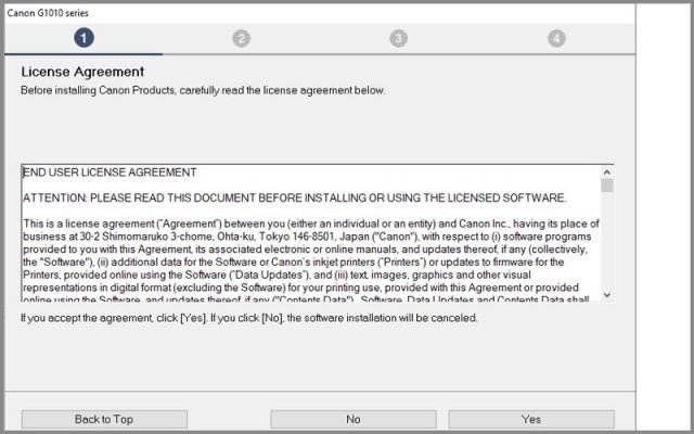 Cửa sổ chấp thuận điều khoản sử dụng khi cài driver Canon G1010