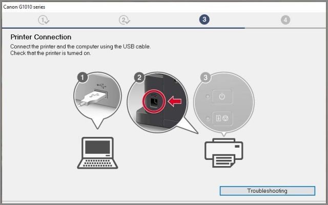 Hướng dẫn kết nối máy in Canon G1010 với máy tính bằng cáp USB trong quá trình cài đặt driver