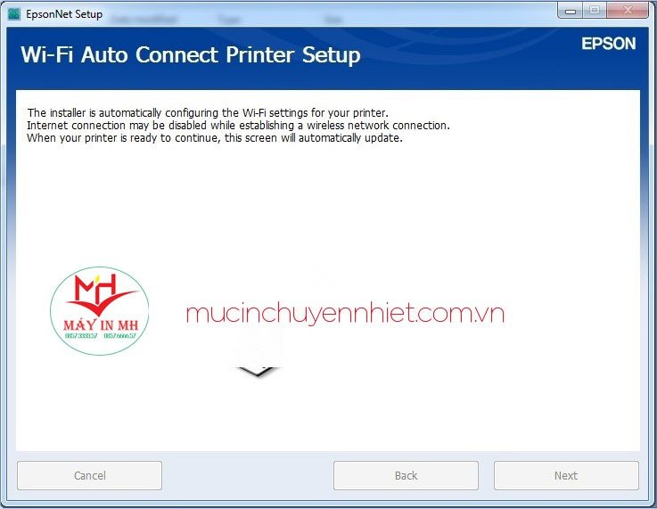 Quá trình tự động tìm kiếm và kết nối máy in Epson L805 qua WiFi