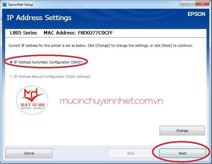 Cấu hình địa chỉ IP tự động (DHCP) cho máy in Epson L805