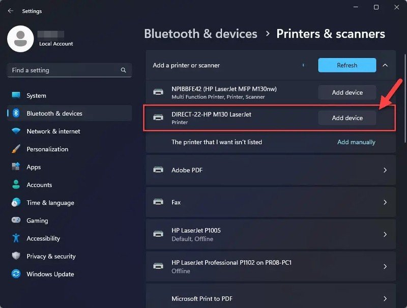 Hiển thị máy in Canon hỗ trợ Wi-Fi Direct