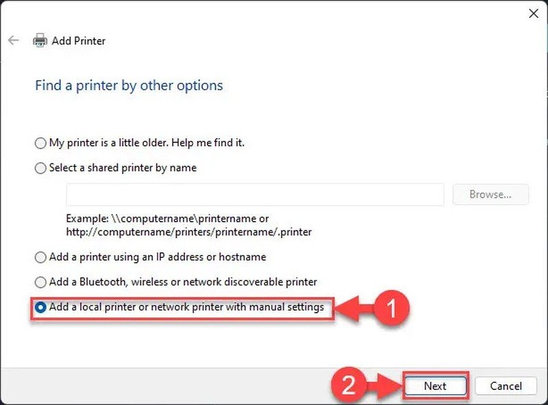 Tùy chọn Add manually khi kết nối máy in Canon thủ công