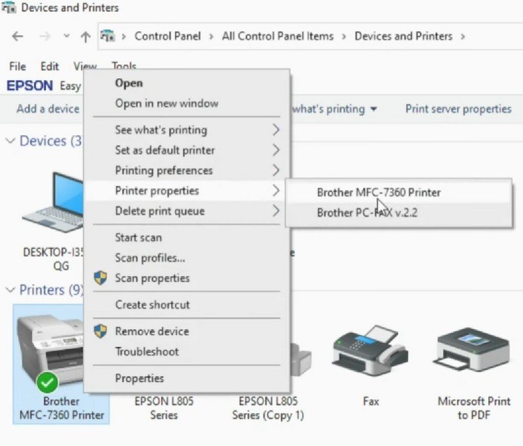 Kiểm tra máy in Brother MFC 7360 trong Devices and Printers sau khi cài driver