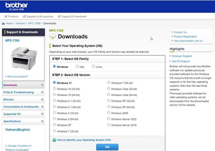 Tìm kiếm và truy cập trang tải driver Brother MFC 7360 chính hãng