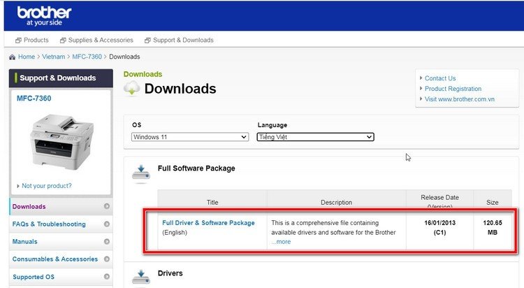 Chọn hệ điều hành và phiên bản phù hợp trên trang hỗ trợ của Brother cho MFC-7360