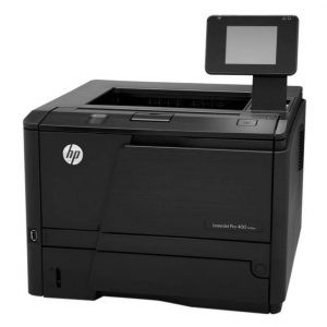 Máy in HP LaserJet Pro 400 M401d màu trắng đặt trên bàn văn phòng