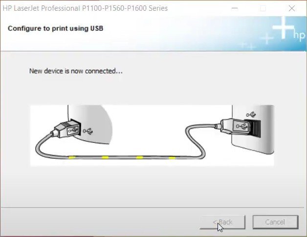 Thông báo yêu cầu kết nối cáp USB giữa máy tính và máy in HP P1102w