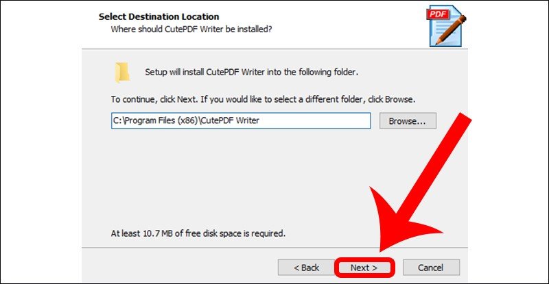 Màn hình tiến hành cài đặt phần mềm CutePDF Writer