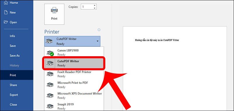 Chọn CutePDF Writer làm máy in đích trong hộp thoại Print